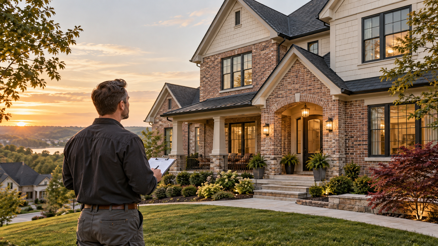 Contractor inspecting a completed home exterior